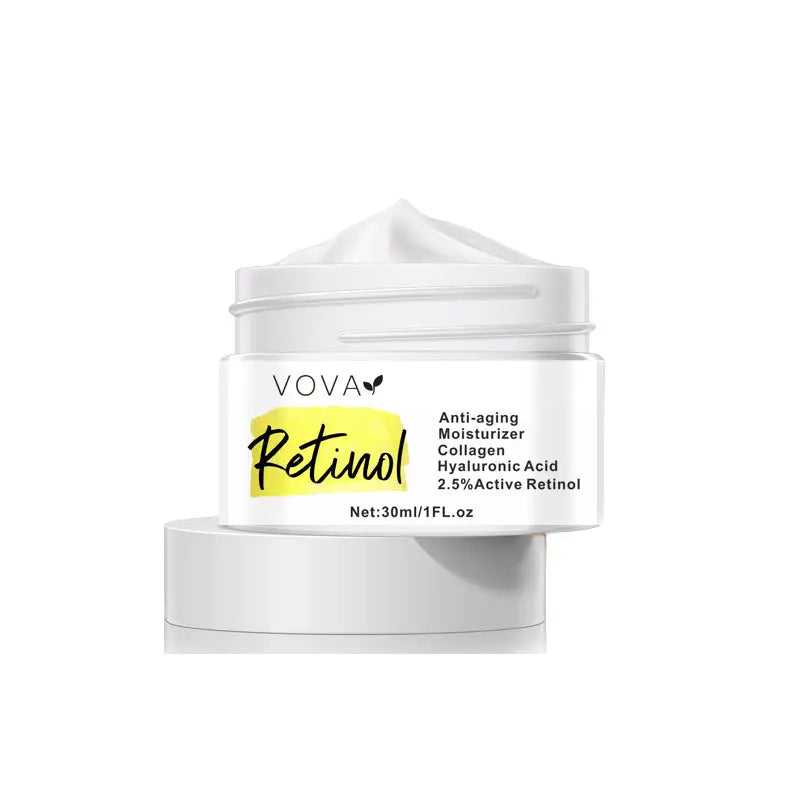 White jar of Retinol Anti-Aging Moisturizer cream with visible cream texture, designed for facial skin rejuvenation