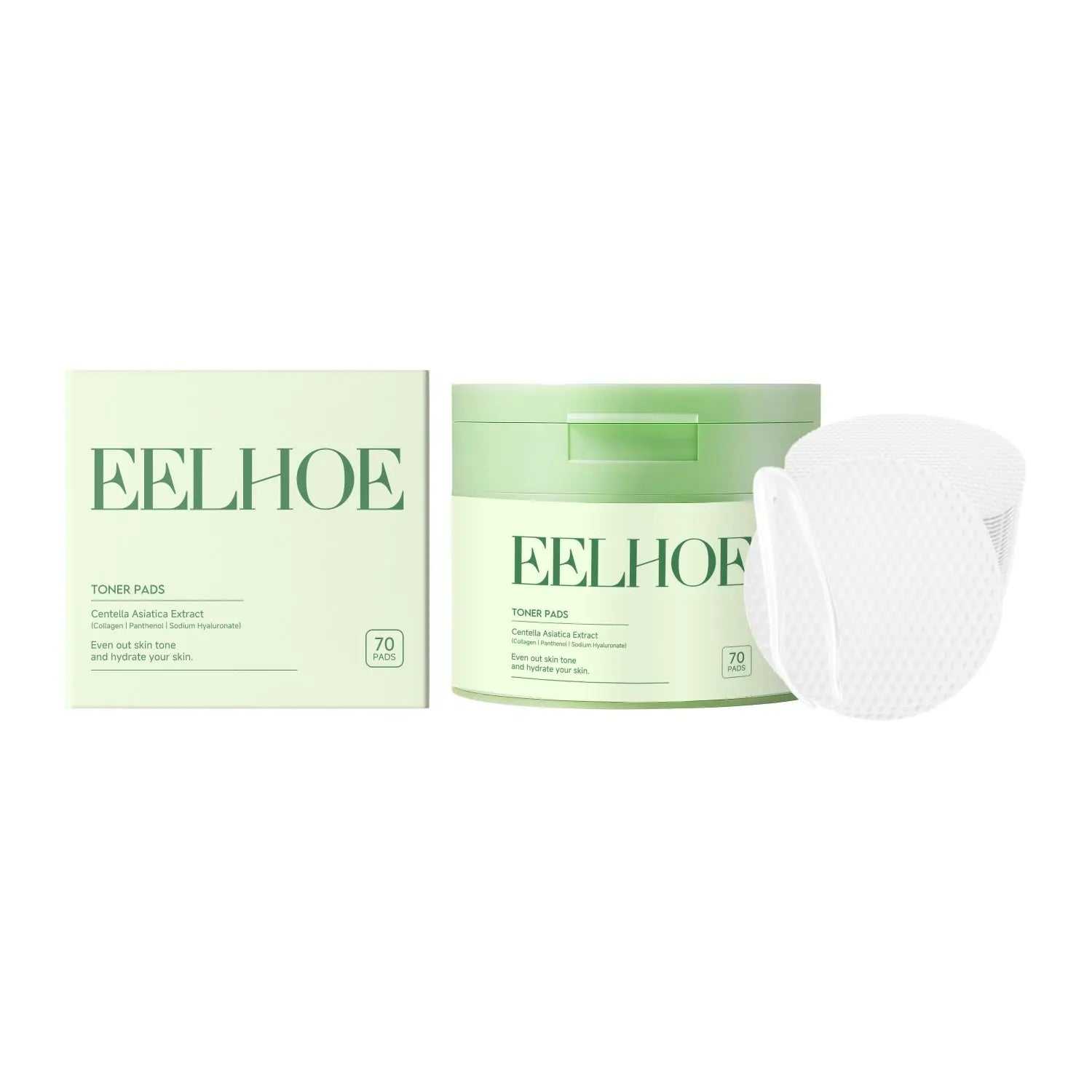 Light green box of moisturizing toner pads for hydrated skin with product details and 70 pads label, minimalist design
