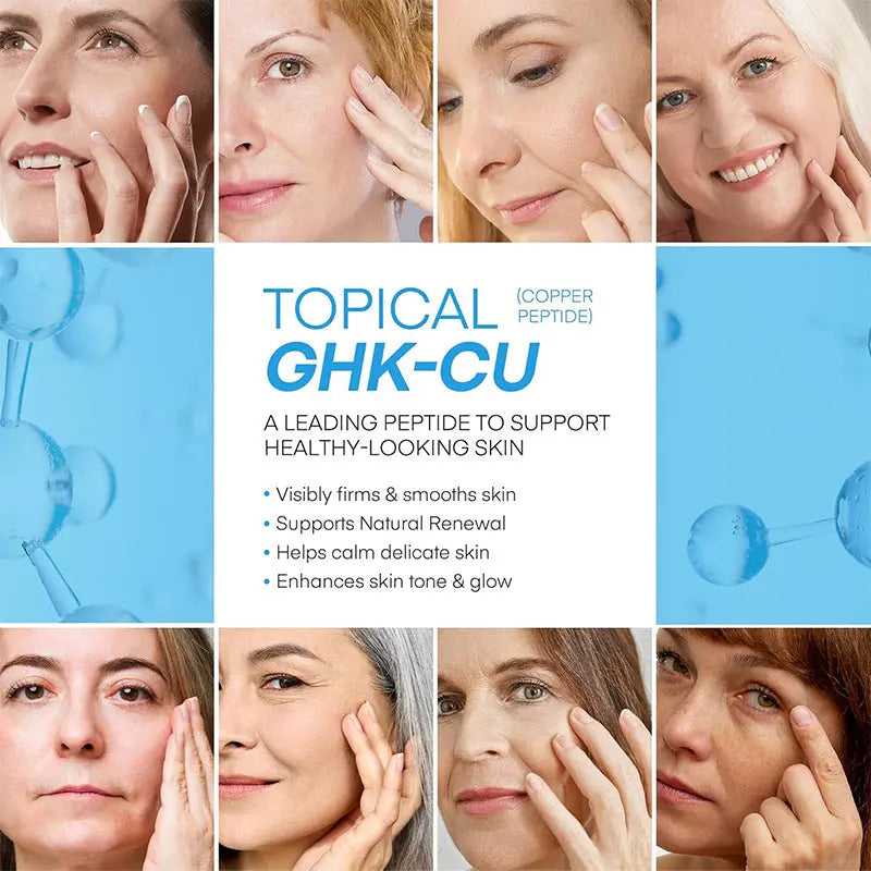 Close-up of a woman gently touching her cheek, demonstrating healthy, hydrated skin with GHK-Cu Copper Peptide Facial Cream