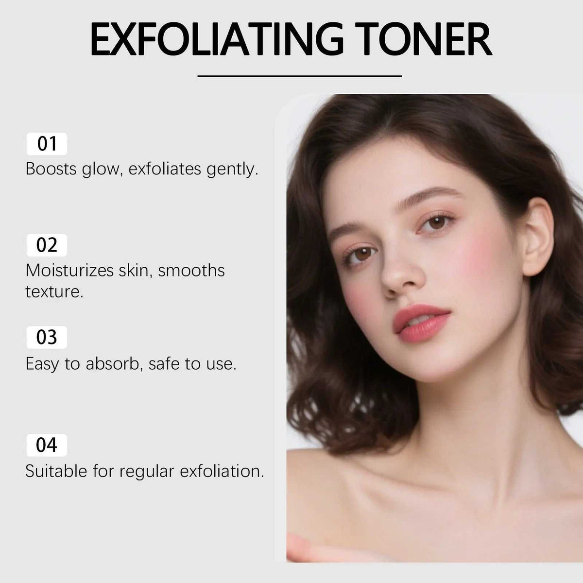 Skincare product infographic highlighting exfoliating toner benefits with a close-up of a young woman with clear skin, featuring text about boosting glow and gentle exfoliation