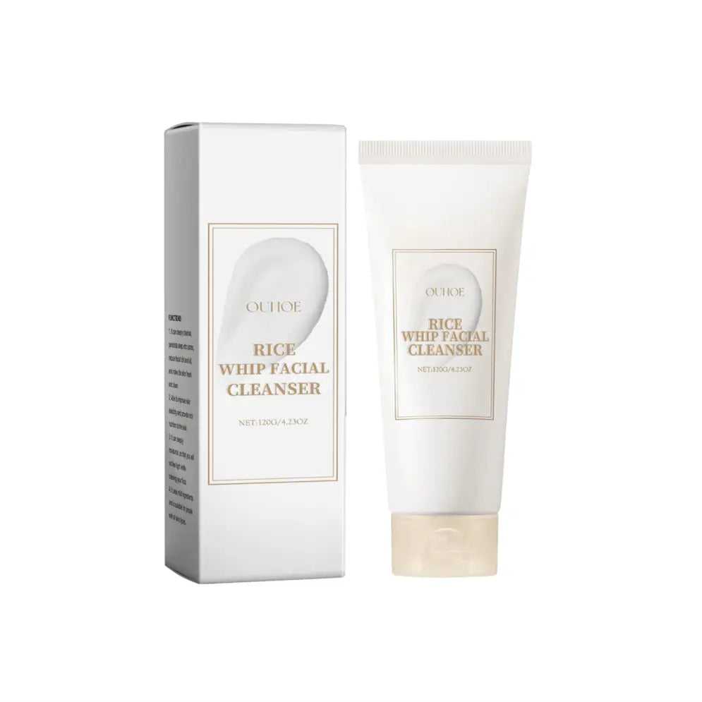 White box and tube of Deep Cleansing Rice Facial Cleanser with minimalist design, rice extract, and hyaluronic acid for skin hydration
