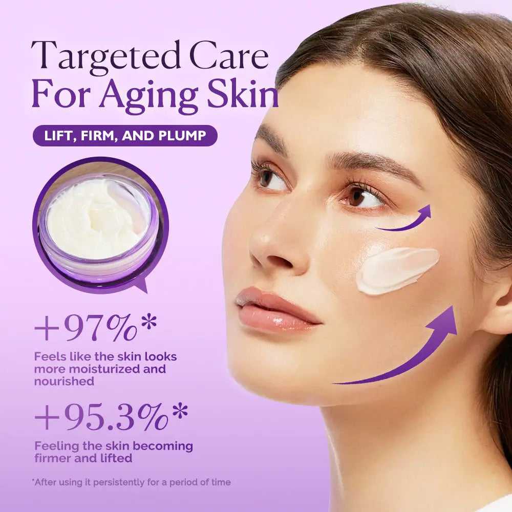 Purple jar of KOEC 3D Lifting Face and Neck Cream with white lid, designed to improve lifting and elasticity for aging skin