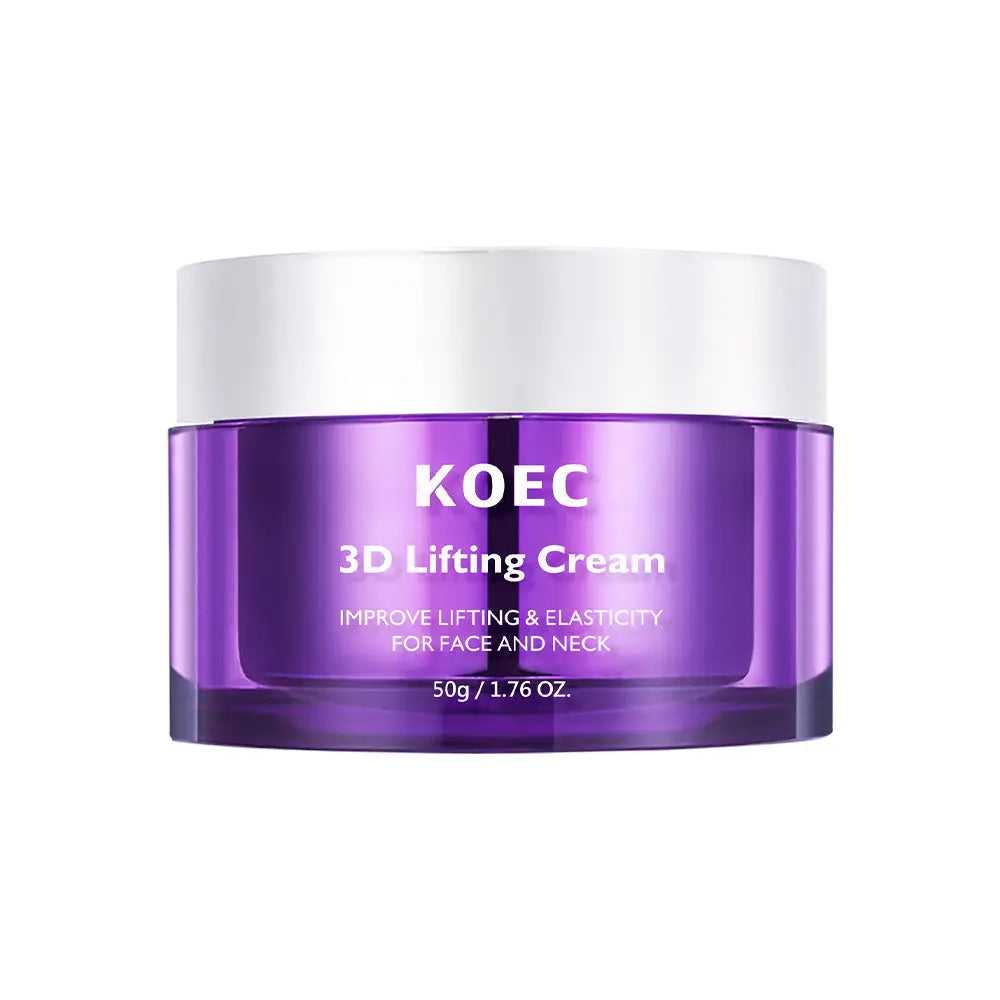 Close-up of purple 3D lifting cream jar with lid, 50g size, on a white surface, for facial lifting and hydration