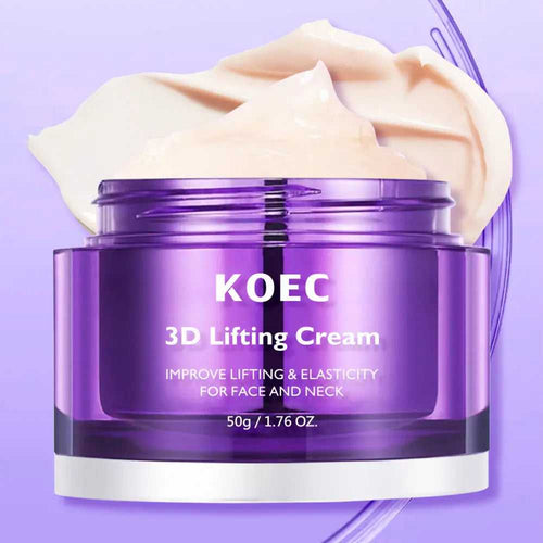 Purple jar of 3D lifting face and neck cream with cream swatch behind, 50g size, for moisturizing and skin rejuvenation