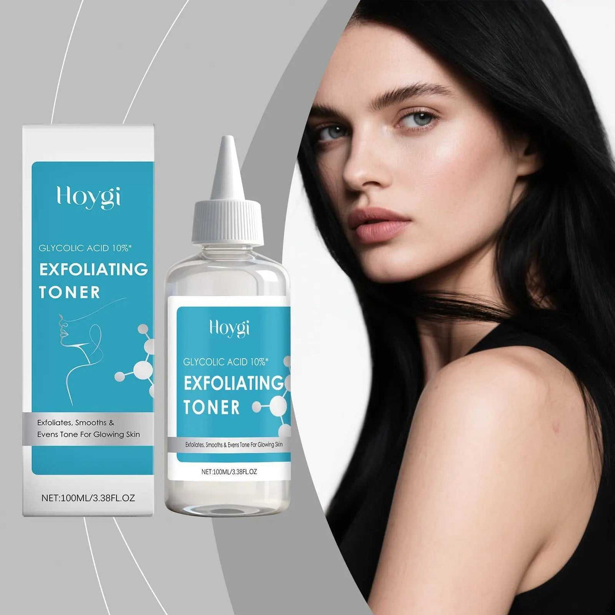 Hoygi exfoliating toner bottle with blue label and white cap, featuring molecular graphics, for skin exfoliation and hydration