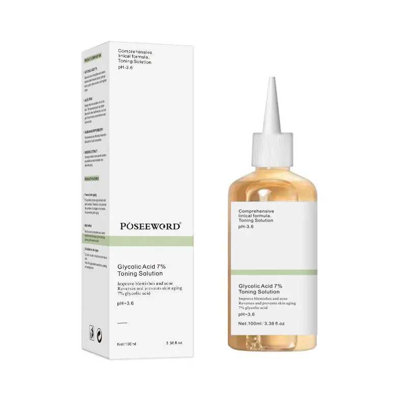 Glycolic Acid 7% Toning Solution in a transparent amber bottle with white applicator cap, alongside its white and green box packaging, for clear skin and radiance