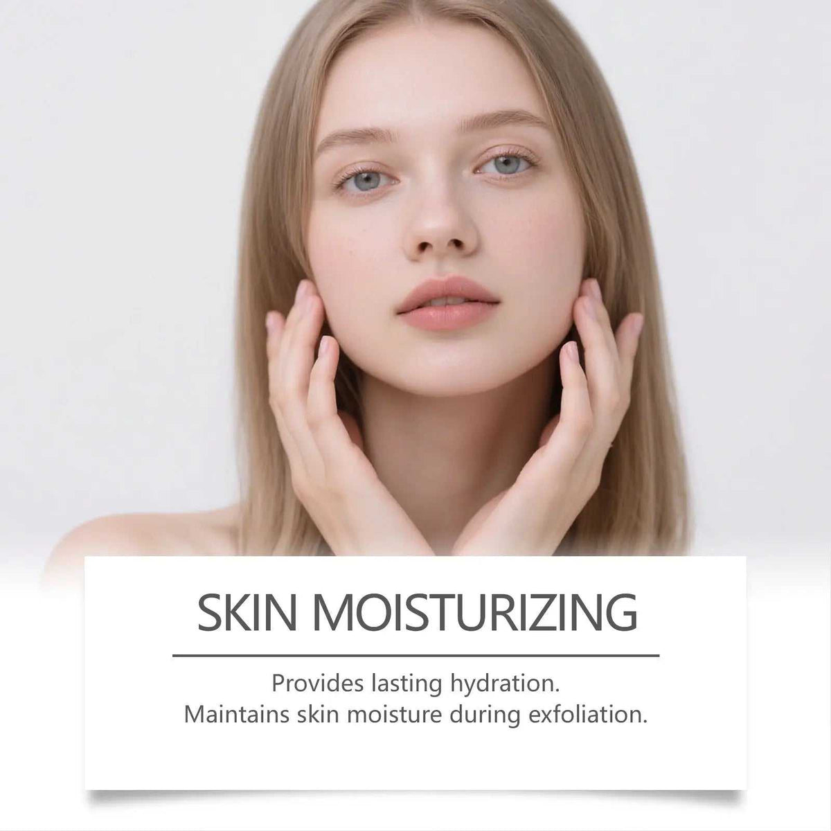 Close-up of a young woman with clear, glowing skin touching her face, promoting skin moisturizing benefits for skincare