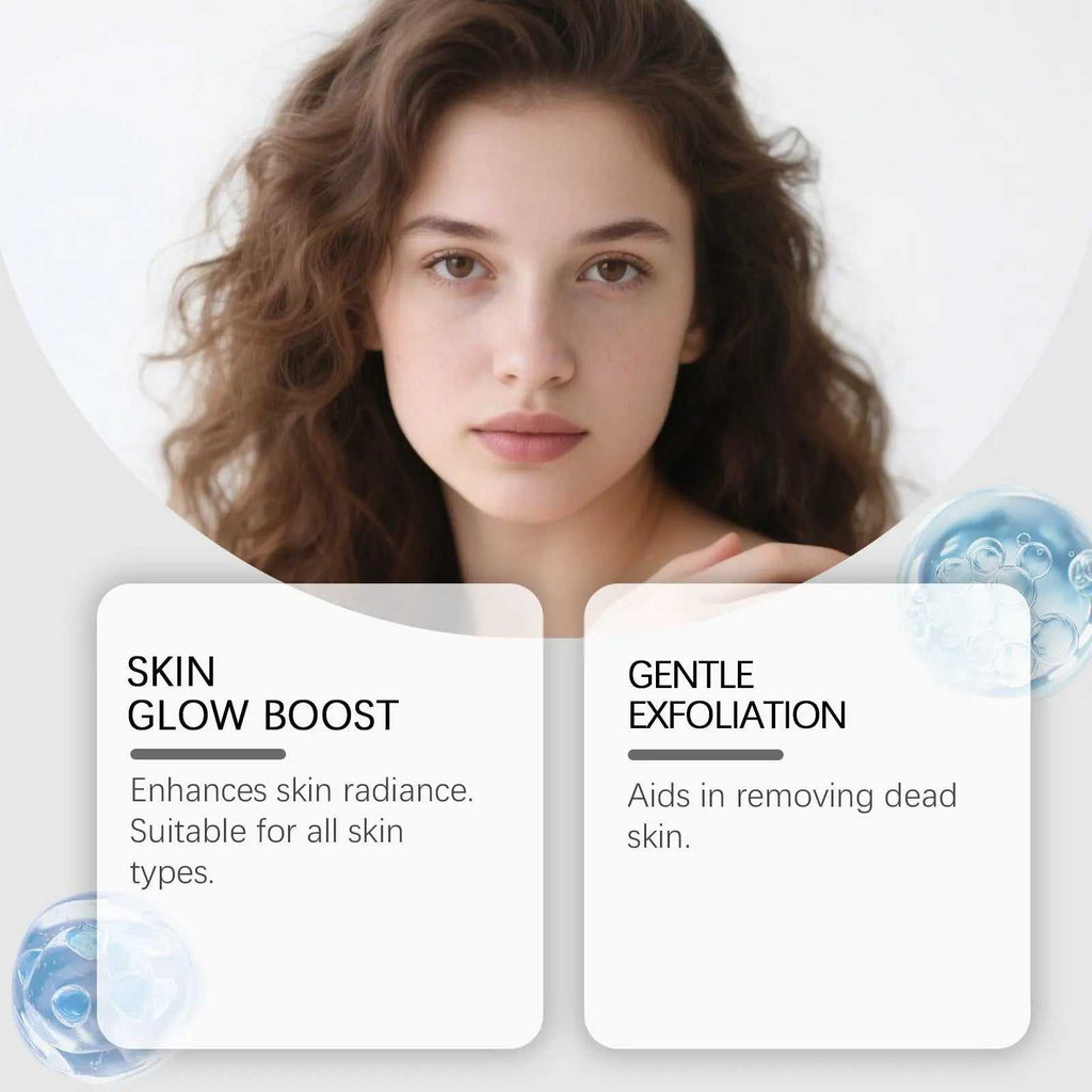 Close-up of a young woman with clear skin and brown curly hair, promoting skin glow boost benefits of exfoliating toner