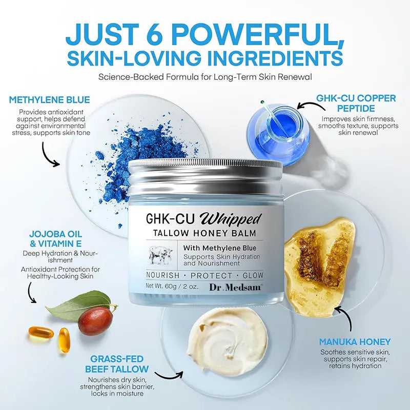 Silver jar of GHK-Cu Whipped Tallow Honey Balm with blue and yellow ingredients, emphasizing nourishing skincare for dry skin
