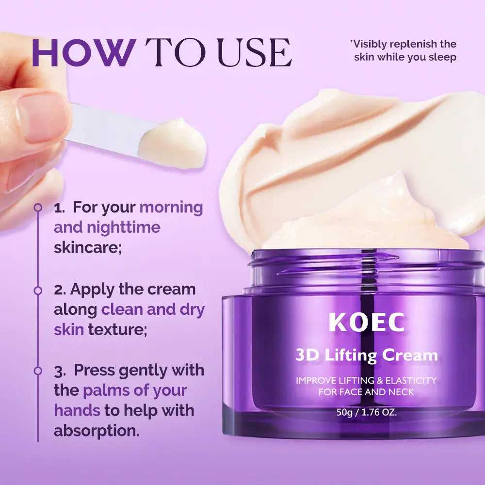 Application instructions for 3D lifting face and neck cream, showing cream on applicator and jar, purple packaging