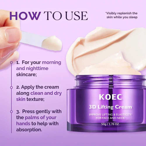 Application instructions for 3D lifting face and neck cream, showing cream on applicator and jar, purple packaging