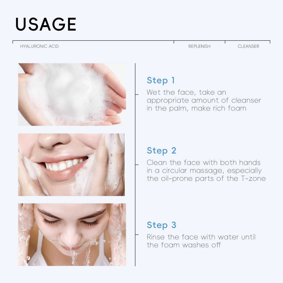 Instruction guide with images of a person applying foam cleanser to face, demonstrating usage steps for deep cleansing
