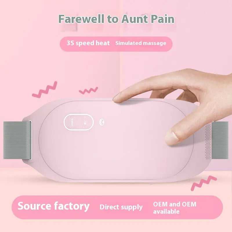 Pink menstrual heating belt with adjustable straps, control buttons, and soft Lycra material for period cramps relief