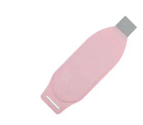 Close-up of pink menstrual heating belt with control buttons, soft Lycra fabric, and adjustable strap for comfort
