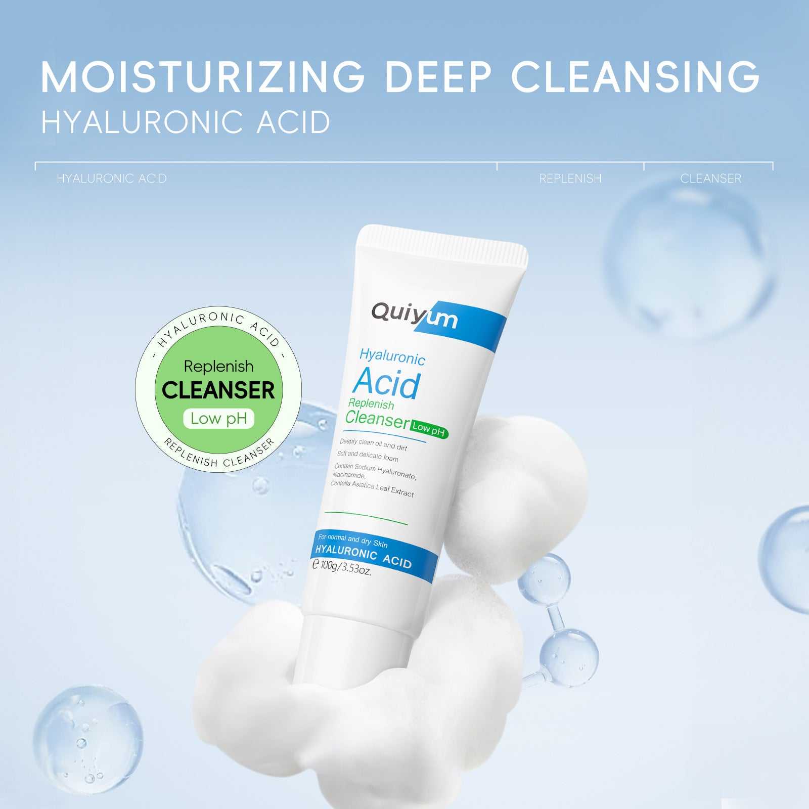 Hyaluronic Acid Facial Cleanser tube with blue and white packaging, surrounded by water bubbles, on a light blue background