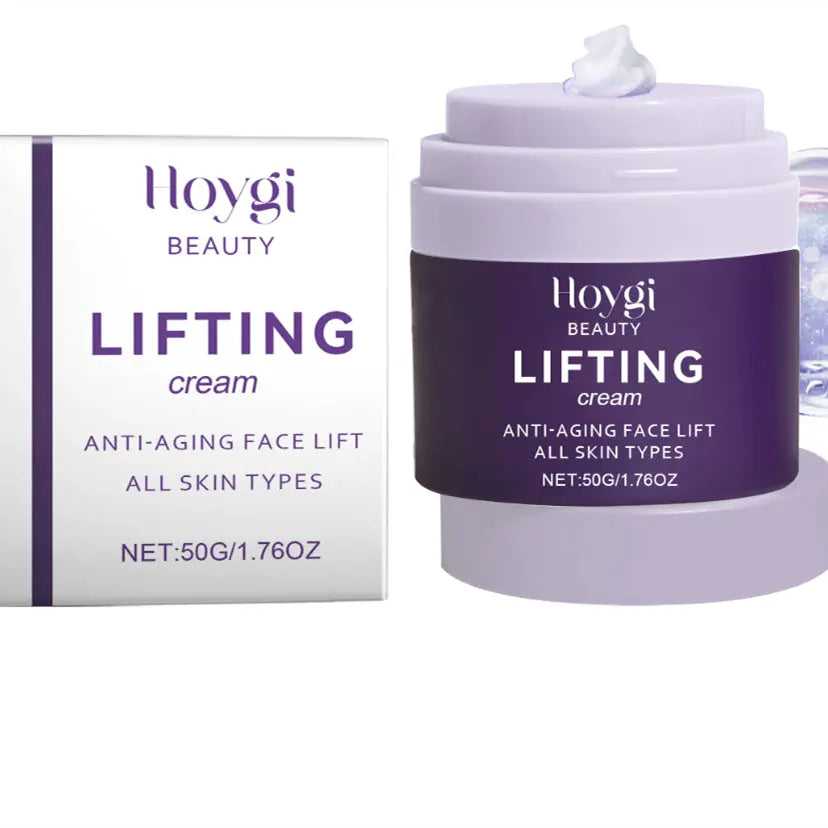Purple and white packaging of Hoygi Beauty Lifting cream with a jar of cream topped with a dollop of white cream, 50g net weight