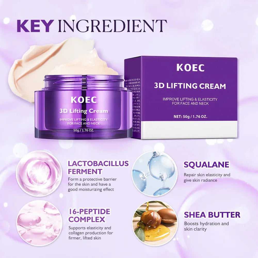 Purple jar of 3D lifting face and neck cream with cream swatch on a pastel purple background, highlighting key ingredients and packaging