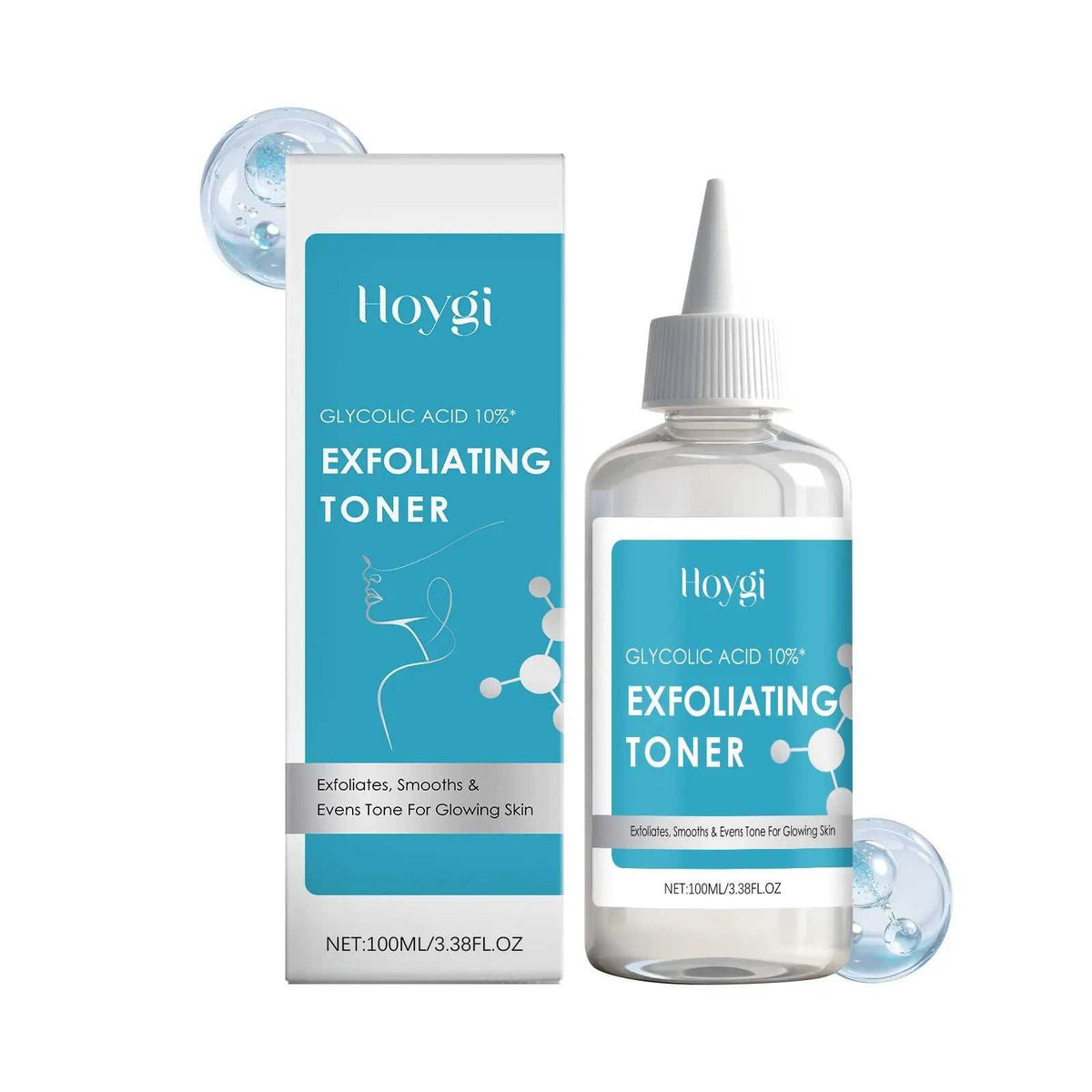 Clear plastic bottle of Hoyi Glycolic Acid 10% exfoliating toner with white nozzle cap, blue label with molecular design, 100ml size