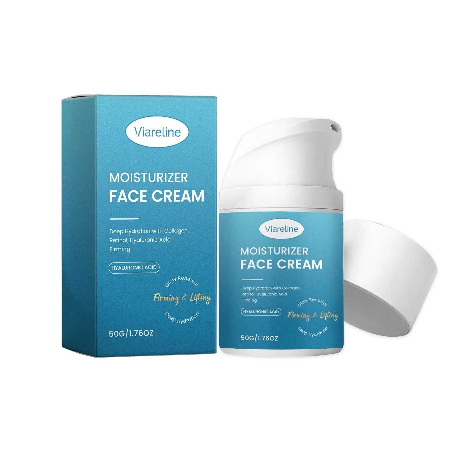 Viareline hydrating face moisturizer cream in white pump bottle with blue label, box packaging, deep hydration with collagen and hyaluronic acid, 50g